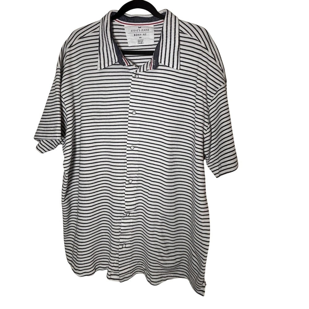 Steves Jeans Mens 3X Boxy Fit Short Sleeve Button Down Shirt Striped Cotton Navy